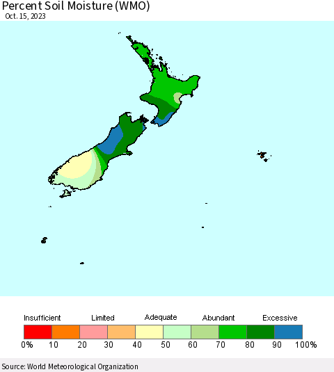 New Zealand Percent Soil Moisture (WMO) Thematic Map For 10/9/2023 - 10/15/2023