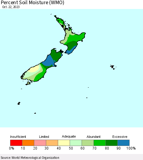 New Zealand Percent Soil Moisture (WMO) Thematic Map For 10/16/2023 - 10/22/2023