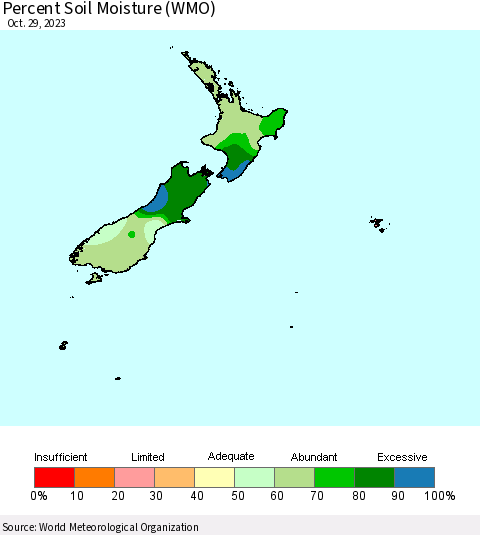 New Zealand Percent Soil Moisture (WMO) Thematic Map For 10/23/2023 - 10/29/2023