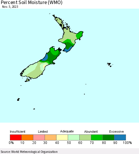 New Zealand Percent Soil Moisture (WMO) Thematic Map For 10/30/2023 - 11/5/2023