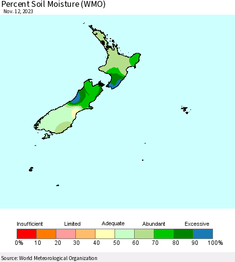 New Zealand Percent Soil Moisture (WMO) Thematic Map For 11/6/2023 - 11/12/2023