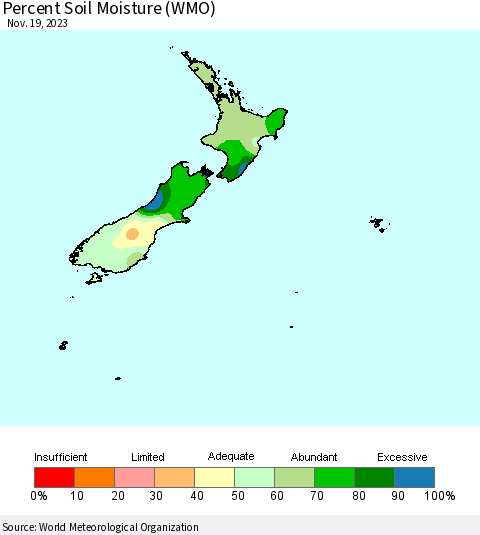 New Zealand Percent Soil Moisture (WMO) Thematic Map For 11/13/2023 - 11/19/2023