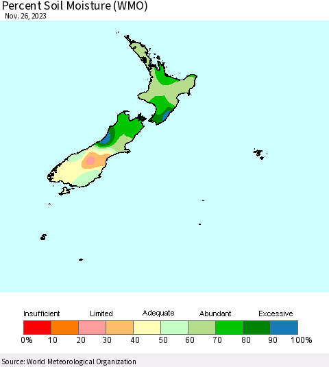 New Zealand Percent Soil Moisture (WMO) Thematic Map For 11/20/2023 - 11/26/2023