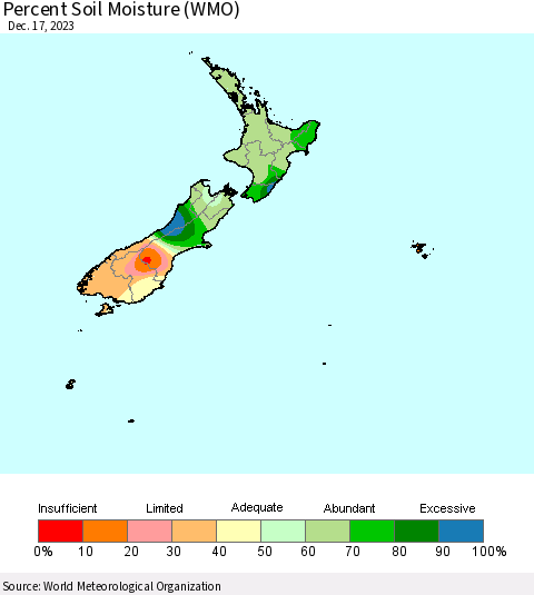 New Zealand Percent Soil Moisture (WMO) Thematic Map For 12/11/2023 - 12/17/2023