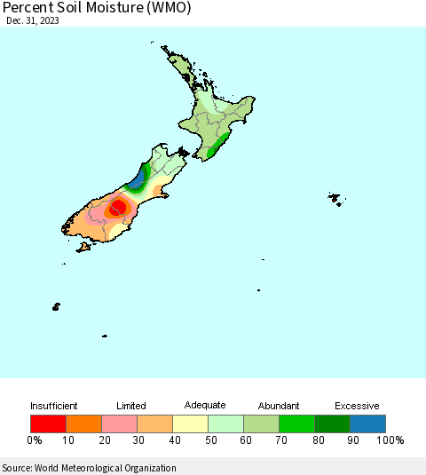 New Zealand Percent Soil Moisture (WMO) Thematic Map For 12/25/2023 - 12/31/2023