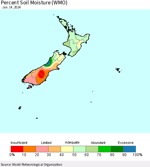 New Zealand Percent Soil Moisture (WMO) Thematic Map For 1/8/2024 - 1/14/2024