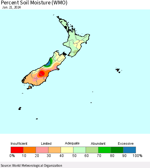 New Zealand Percent Soil Moisture (WMO) Thematic Map For 1/15/2024 - 1/21/2024