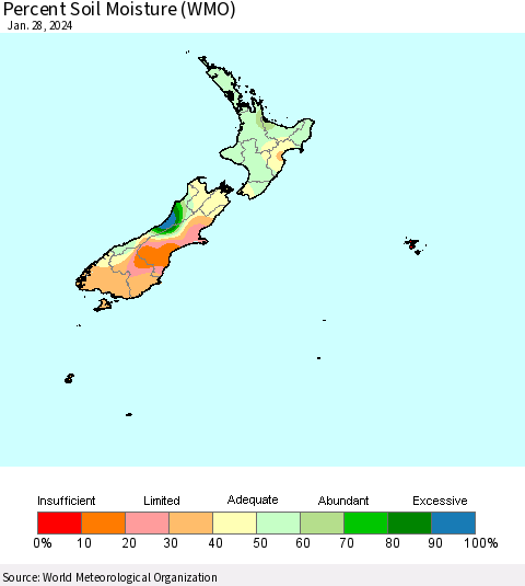 New Zealand Percent Soil Moisture (WMO) Thematic Map For 1/22/2024 - 1/28/2024