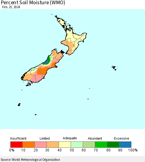 New Zealand Percent Soil Moisture (WMO) Thematic Map For 2/19/2024 - 2/25/2024
