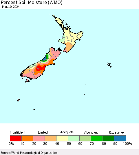 New Zealand Percent Soil Moisture (WMO) Thematic Map For 3/4/2024 - 3/10/2024