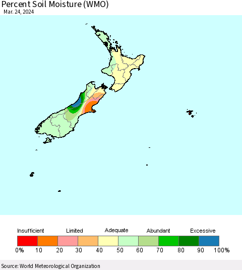 New Zealand Percent Soil Moisture (WMO) Thematic Map For 3/18/2024 - 3/24/2024