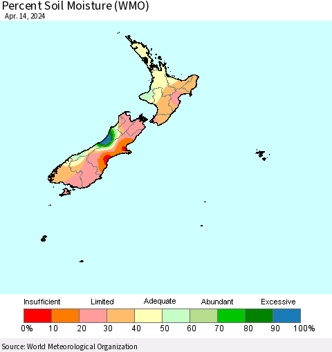 New Zealand Percent Soil Moisture (WMO) Thematic Map For 4/8/2024 - 4/14/2024