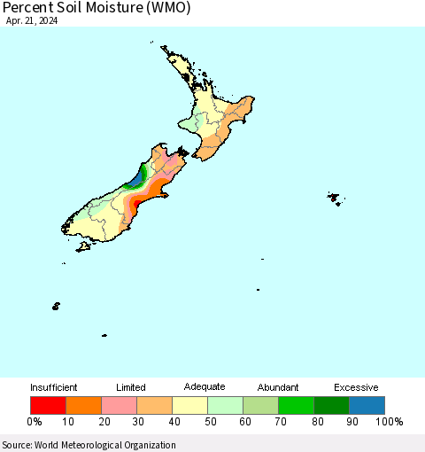 New Zealand Percent Soil Moisture (WMO) Thematic Map For 4/15/2024 - 4/21/2024