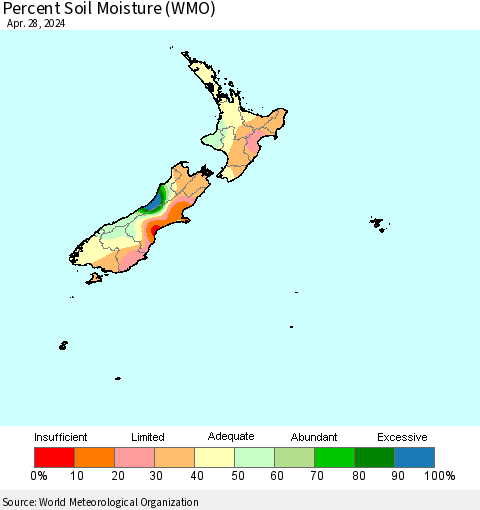 New Zealand Percent Soil Moisture (WMO) Thematic Map For 4/22/2024 - 4/28/2024