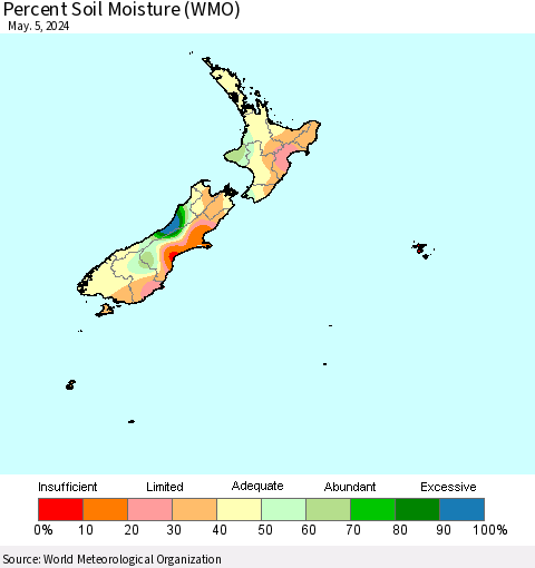 New Zealand Percent Soil Moisture (WMO) Thematic Map For 4/29/2024 - 5/5/2024
