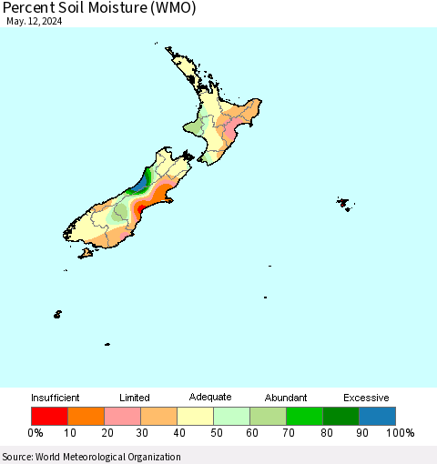 New Zealand Percent Soil Moisture (WMO) Thematic Map For 5/6/2024 - 5/12/2024