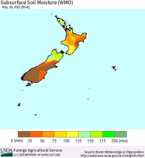 New Zealand Subsurface Soil Moisture (WMO) Thematic Map For 5/10/2021 - 5/16/2021