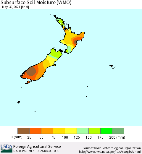 New Zealand Subsurface Soil Moisture (WMO) Thematic Map For 5/24/2021 - 5/30/2021