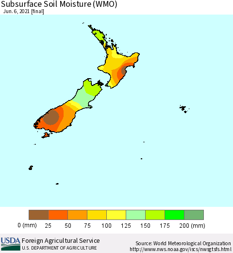 New Zealand Subsurface Soil Moisture (WMO) Thematic Map For 5/31/2021 - 6/6/2021
