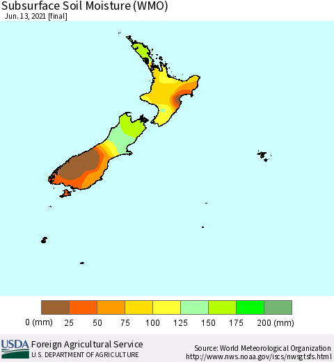 New Zealand Subsurface Soil Moisture (WMO) Thematic Map For 6/7/2021 - 6/13/2021
