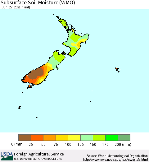 New Zealand Subsurface Soil Moisture (WMO) Thematic Map For 6/21/2021 - 6/27/2021