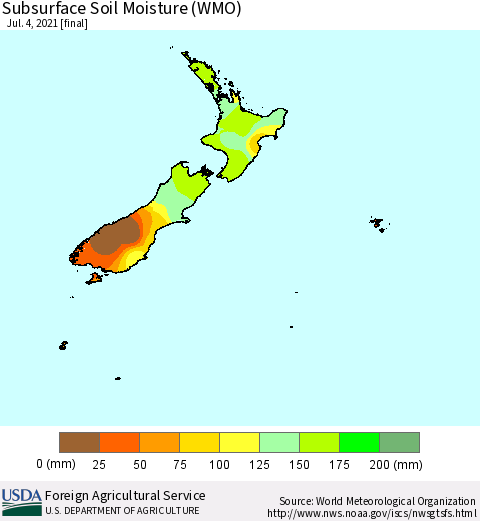 New Zealand Subsurface Soil Moisture (WMO) Thematic Map For 6/28/2021 - 7/4/2021