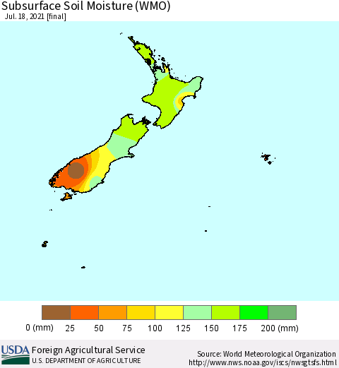 New Zealand Subsurface Soil Moisture (WMO) Thematic Map For 7/12/2021 - 7/18/2021