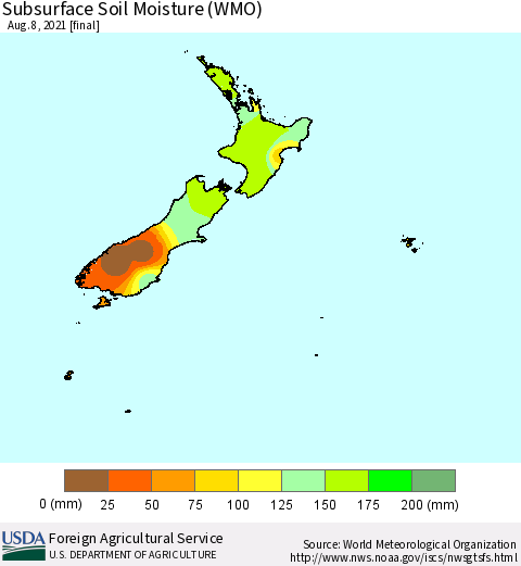 New Zealand Subsurface Soil Moisture (WMO) Thematic Map For 8/2/2021 - 8/8/2021