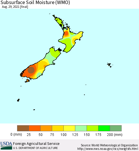 New Zealand Subsurface Soil Moisture (WMO) Thematic Map For 8/23/2021 - 8/29/2021