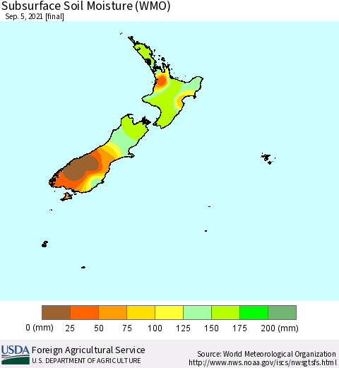 New Zealand Subsurface Soil Moisture (WMO) Thematic Map For 8/30/2021 - 9/5/2021