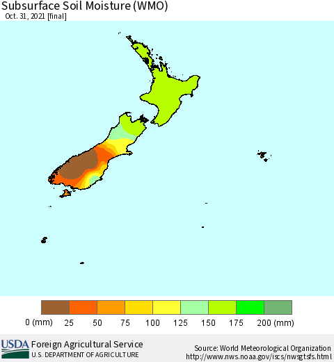 New Zealand Subsurface Soil Moisture (WMO) Thematic Map For 10/25/2021 - 10/31/2021