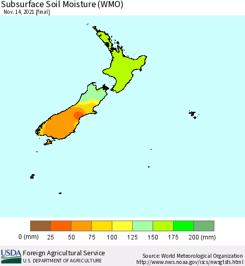 New Zealand Subsurface Soil Moisture (WMO) Thematic Map For 11/8/2021 - 11/14/2021
