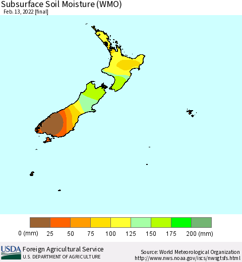 New Zealand Subsurface Soil Moisture (WMO) Thematic Map For 2/7/2022 - 2/13/2022
