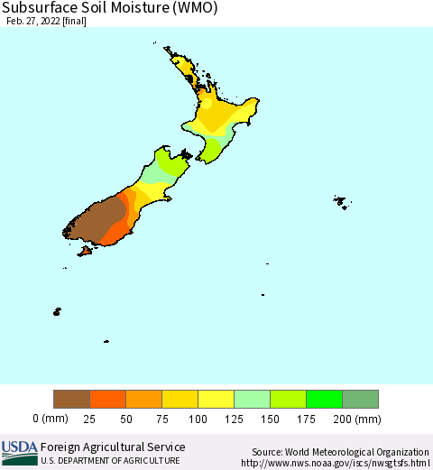 New Zealand Subsurface Soil Moisture (WMO) Thematic Map For 2/21/2022 - 2/27/2022