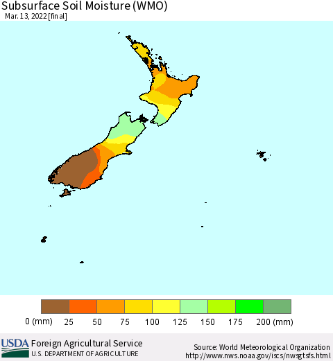 New Zealand Subsurface Soil Moisture (WMO) Thematic Map For 3/7/2022 - 3/13/2022