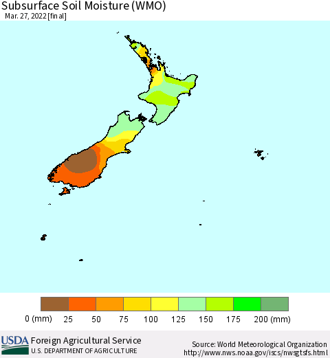 New Zealand Subsurface Soil Moisture (WMO) Thematic Map For 3/21/2022 - 3/27/2022