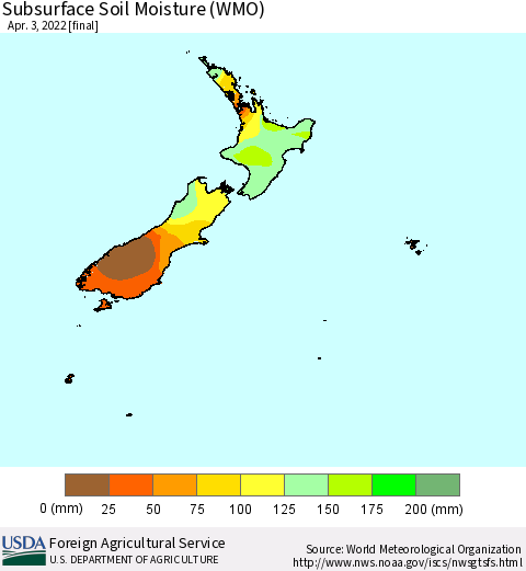 New Zealand Subsurface Soil Moisture (WMO) Thematic Map For 3/28/2022 - 4/3/2022