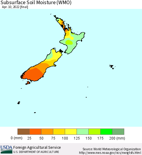 New Zealand Subsurface Soil Moisture (WMO) Thematic Map For 4/4/2022 - 4/10/2022