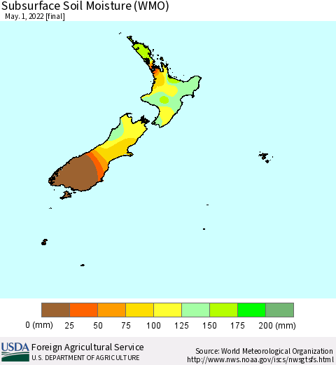New Zealand Subsurface Soil Moisture (WMO) Thematic Map For 4/25/2022 - 5/1/2022