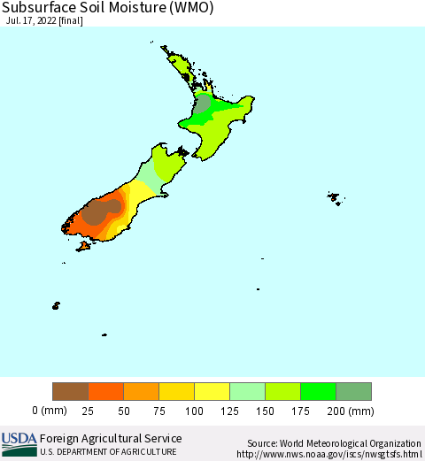 New Zealand Subsurface Soil Moisture (WMO) Thematic Map For 7/11/2022 - 7/17/2022