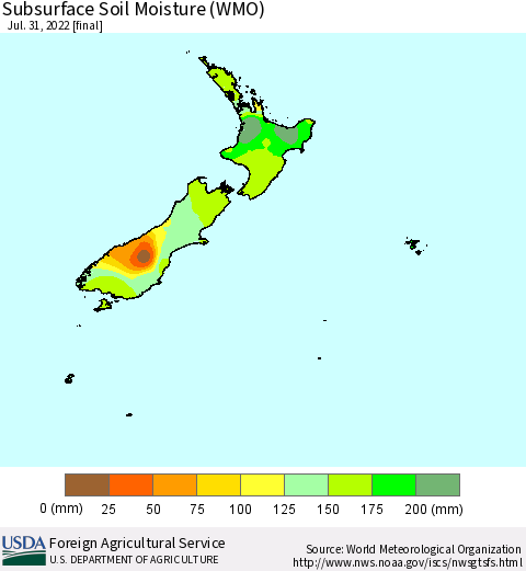New Zealand Subsurface Soil Moisture (WMO) Thematic Map For 7/25/2022 - 7/31/2022