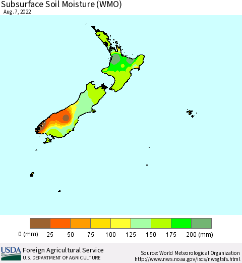 New Zealand Subsurface Soil Moisture (WMO) Thematic Map For 8/1/2022 - 8/7/2022