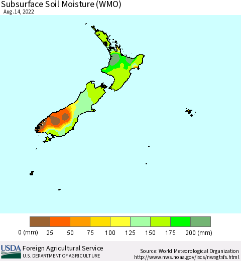 New Zealand Subsurface Soil Moisture (WMO) Thematic Map For 8/8/2022 - 8/14/2022