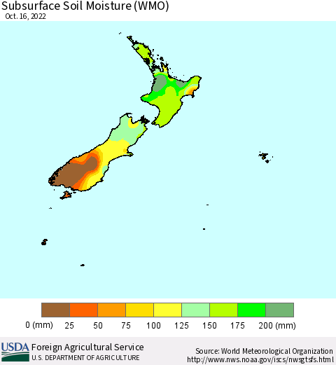 New Zealand Subsurface Soil Moisture (WMO) Thematic Map For 10/10/2022 - 10/16/2022