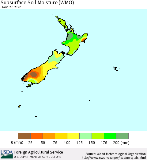 New Zealand Subsurface Soil Moisture (WMO) Thematic Map For 11/21/2022 - 11/27/2022