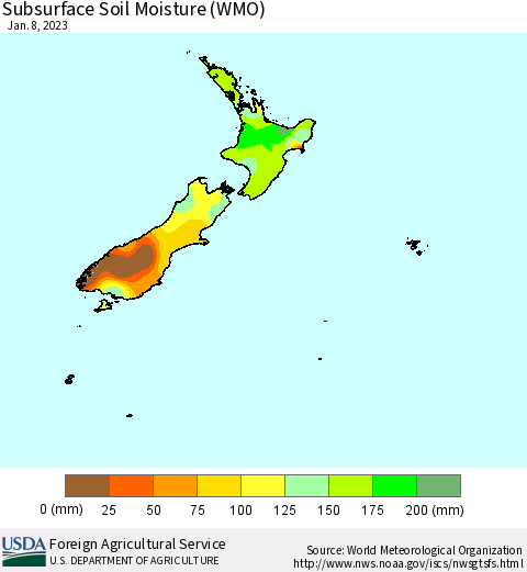 New Zealand Subsurface Soil Moisture (WMO) Thematic Map For 1/2/2023 - 1/8/2023