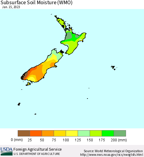 New Zealand Subsurface Soil Moisture (WMO) Thematic Map For 1/9/2023 - 1/15/2023