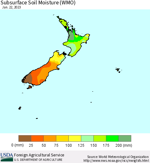 New Zealand Subsurface Soil Moisture (WMO) Thematic Map For 1/16/2023 - 1/22/2023