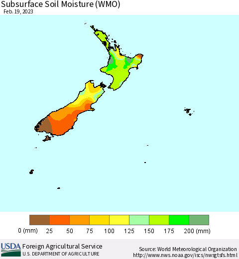 New Zealand Subsurface Soil Moisture (WMO) Thematic Map For 2/13/2023 - 2/19/2023