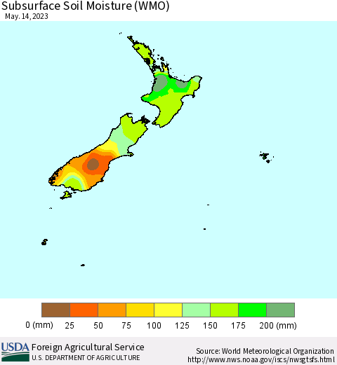 New Zealand Subsurface Soil Moisture (WMO) Thematic Map For 5/8/2023 - 5/14/2023